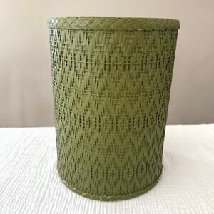Vintage Trash Can Avocado Green Wicker Woven Round Cylinder 13 x 9 Cottage Farm
